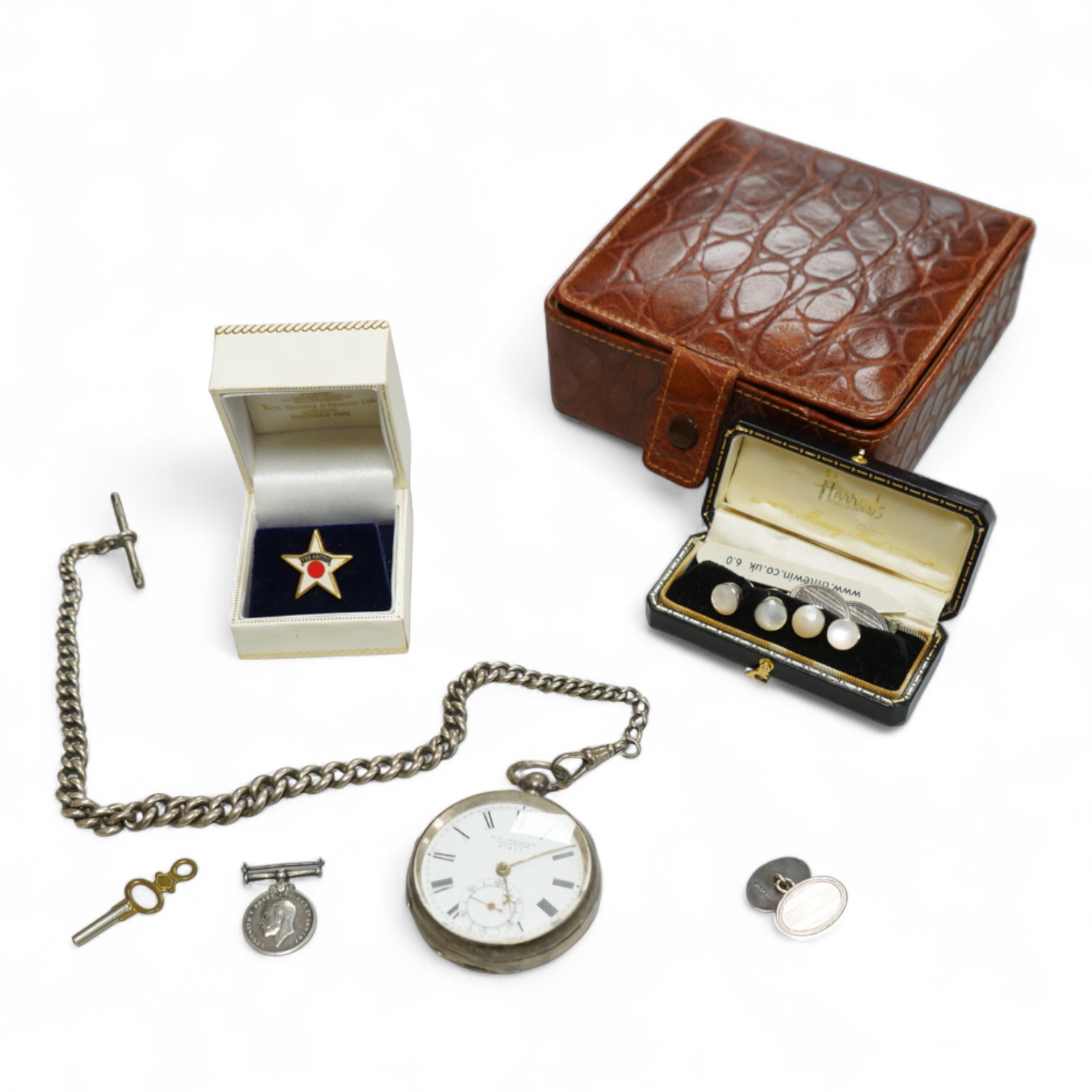 A late Victorian silver open faced lever pocket watch, with graduated silver curb link albert, together with dress studs, a pair of sterling cufflinks, a medal, etc.